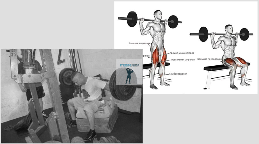 Выполнение приседания со штангой на ящик или на скамью